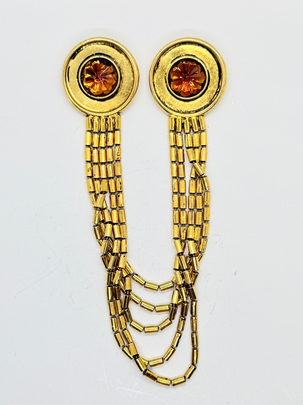 Ben-Amun Double Chain Gold Tone Brooch Salvatore Pin Amber Floral Rhinestone Vtg